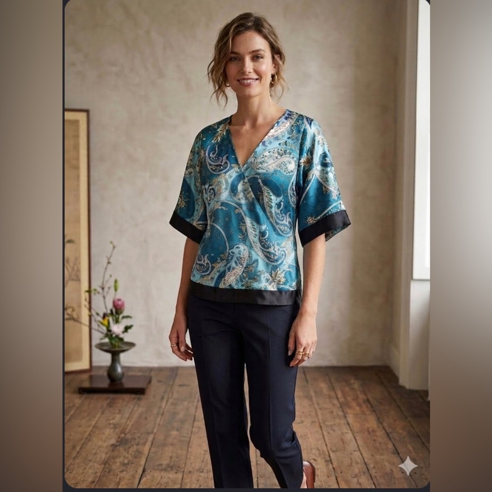 Dimri | blue pattern japanese style v neck Top satin feel | size S